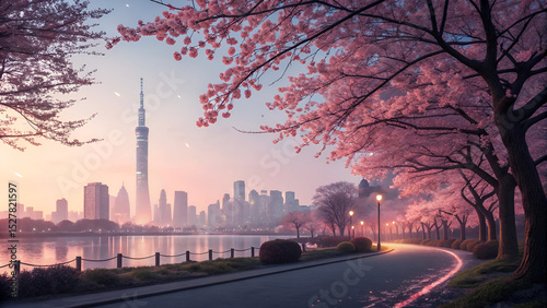 4k pc wallpaper with beautiful city and cherry blosm trees looks realistic