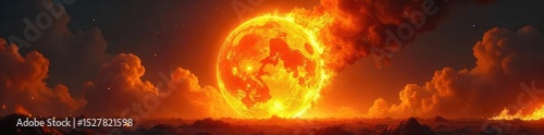 Fiery orb of intense heat and bright orange flames, engulfing everything in its path A dangerous and destructive spectacle of burning fire , hot, fireball, bright
