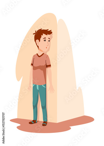 Kid playing hide and seek. Playing game outdoor in summer vacations. Boy having fun outdoors, summer playtime. Vector cartoon illustration
