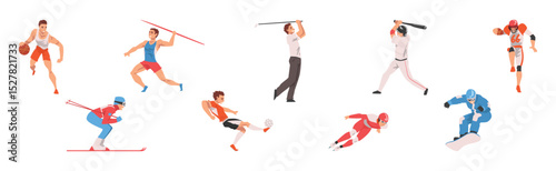 Man Athlete Do Different Sport and Physical Activity Vector Set