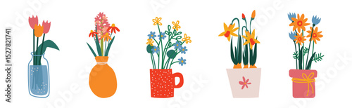 Bouquet of Flowers Stand in Pot and Vase Vector Set