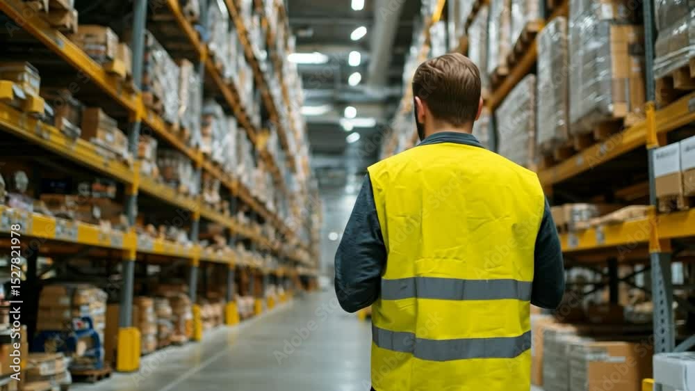 Warehouse worker in safety vest checking goods with tablet. Digital inventory management Warehouse worker in safety vest checking goods with tablet. Digital inventory management