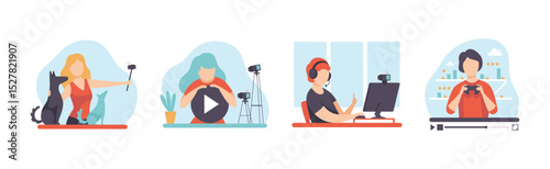 Video Tutorials with Man and Woman Blogger Streaming Vector Set