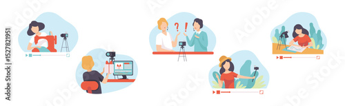 Video Tutorials with Man and Woman Blogger Streaming Vector Set