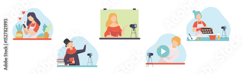 Video Tutorials with Man and Woman Blogger Streaming Vector Set
