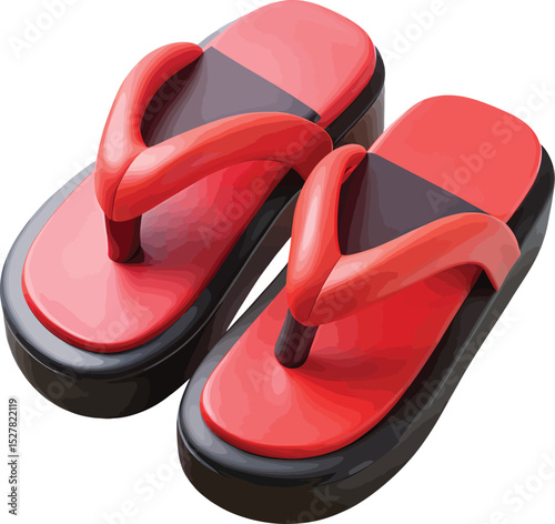A pair of red geta sandals with black soles, traditional Japanese footwear