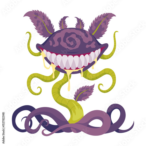 Carnivorous plant in fantasy design. Cartoon flytrap in pot, plant monster. Vector flower predator with teeth isolated on white background