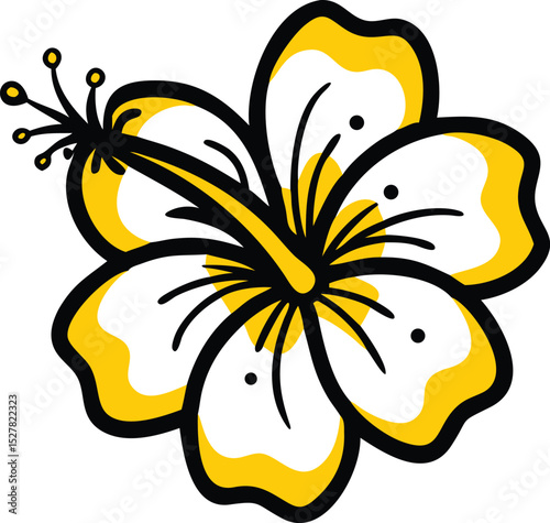 A vibrant yellow hibiscus flower with bold black outlines, stylized in a cartoonish manner, set against a stark white background.