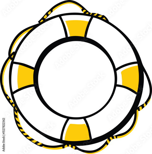 A vibrant yellow and white life preserver with a black rope.