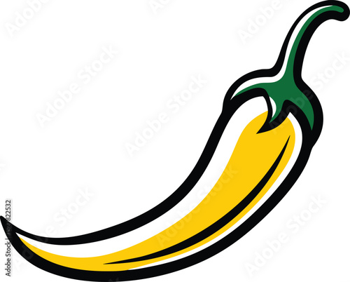 A vibrant yellow chili pepper with a dark green stem, illustrated in a bold, cartoonish style.