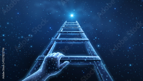 Digital stair with man hand. Career ladder, business growth, success stairs.