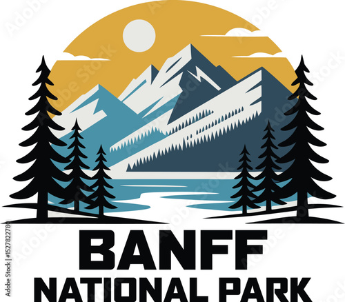 Banff National Park Illustration mountain range, serene lake, and verdant pine trees logo