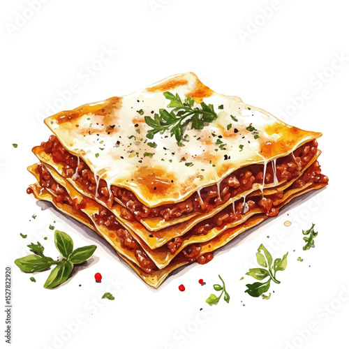 watercolor vector of Lasagna Bolognese, high quality, isolated on a white background.