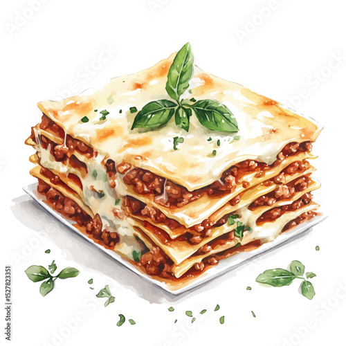 Lasagna Bolognese, watercolor painting vector, high quality, isolated on a white background.