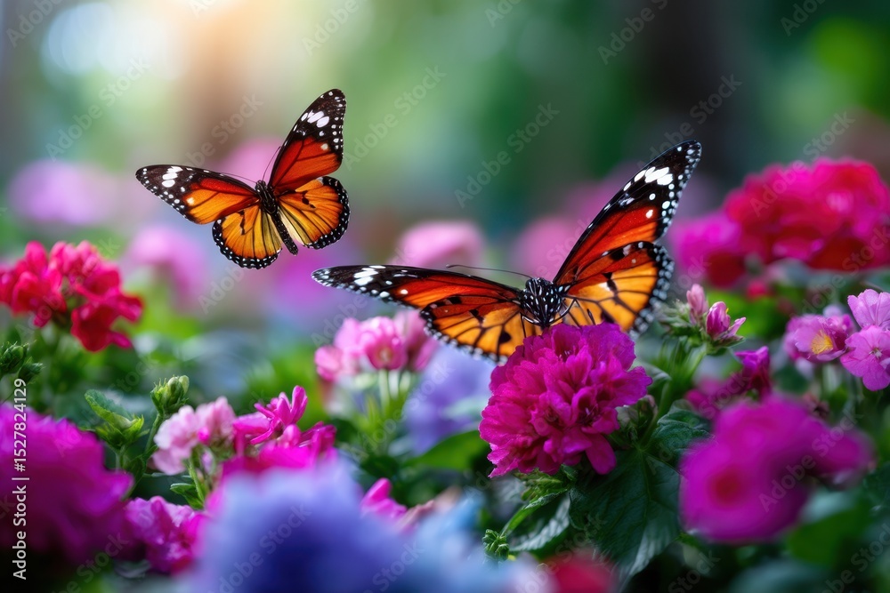 Naklejka premium Colorful butterflies flutter among vibrant flowers in a sunny garden setting