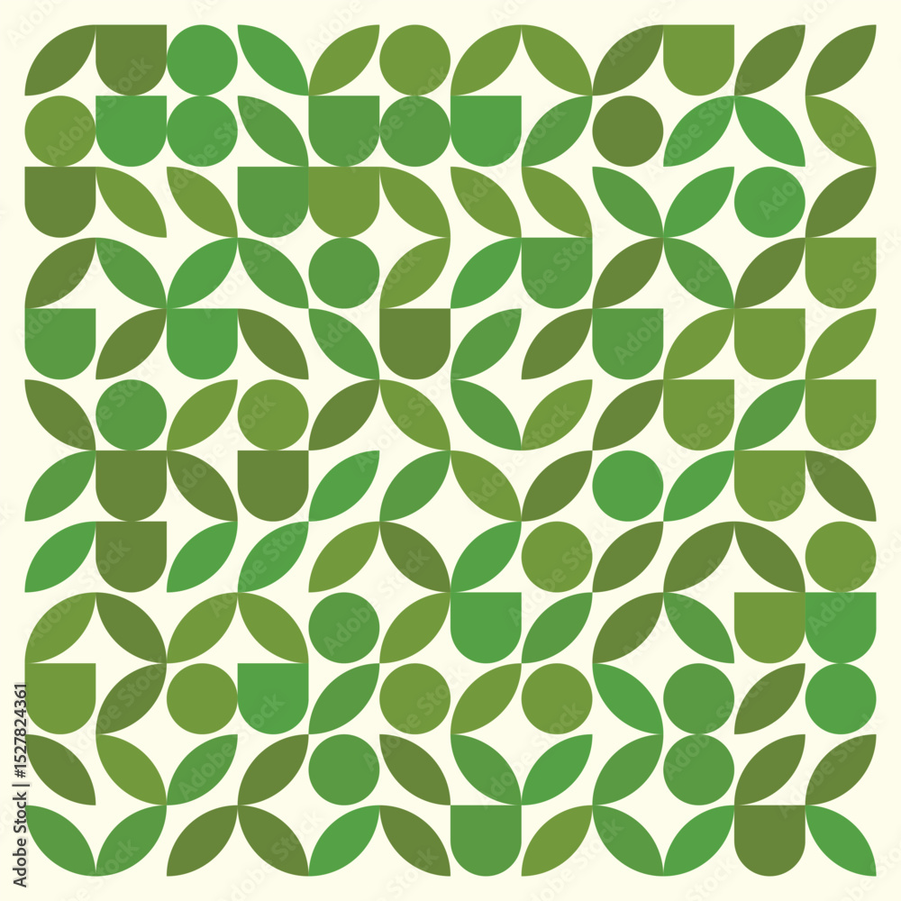 custom made wallpaper toronto digitalA repeating pattern of geometric shapes – circles, semi-circles, and squares – in varying shades of soft green on a white background.