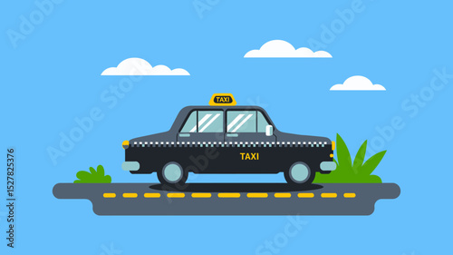 Taxi on highway with clouds under blue sky flat vector. Taxi vector illustration.