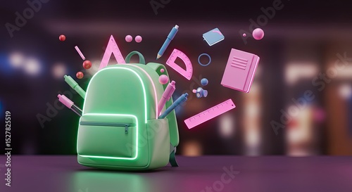 Neon-lit school backpack with floating stationery on a blurred background, 3D render