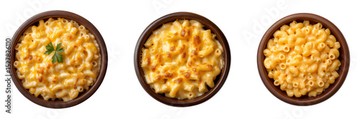 Set of various baked elbow pasta macaroni cheese isolated on transparent background