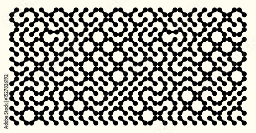 This striking black and white geometric pattern features intricate, interlocking shapes that create a complex, yet visually appealing design.