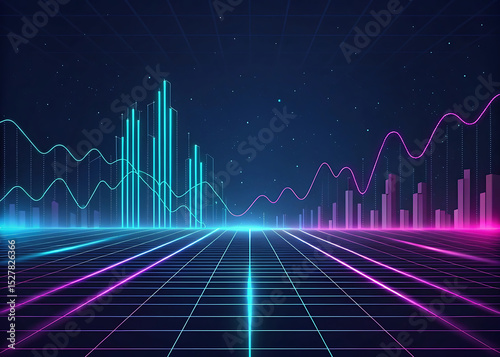Futuristic technology background in dark tones with bright neon lines and digital grid, creating the effect