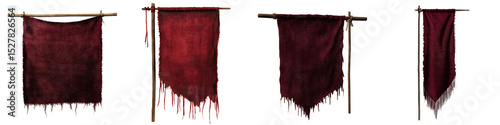 Set of Grunge Red Banners and Flags on Wooden Poles with Transparent Background