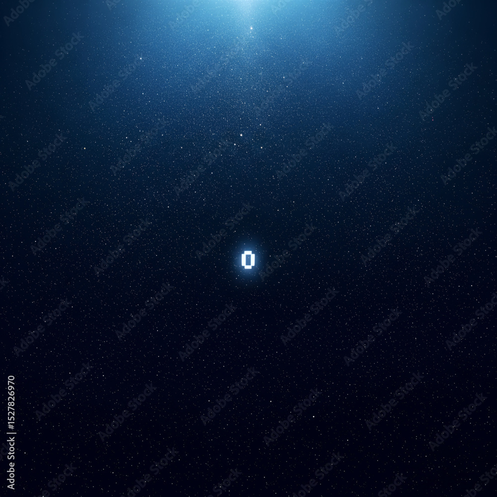 Fototapeta premium Compared to Zero, Everything is Infinity, conceptual cosmic view. Single, luminous pixelated number '0' hovers in the star-studded deep blue cosmos. Celestial glow emanates from the top