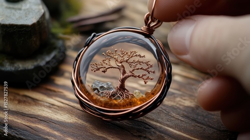 Close-up of a hand holding a round pendant with an intricate tree design inside, symbolizing nature and craftsmanship.