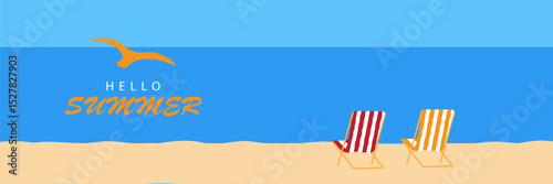 Abstract minimal summer horizontal poster, cover, banner, with bright sea, blue sky and striped beach chairs. Summer vacation illustration, holiday travel. Promo ad design template. vector