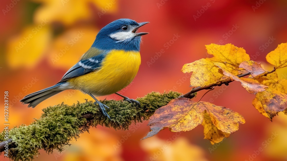 Obraz premium Colorful bird perched on branch, autumn leaves background, nature