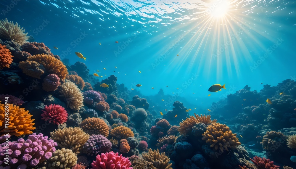Fototapeta premium Experience Underwater Beauty: Vibrant Coral Reefs, Colorful Tropical Fish, Sunlit Ocean Scenes & Marine Life in a Stunning Coral Reef Diving Paradise