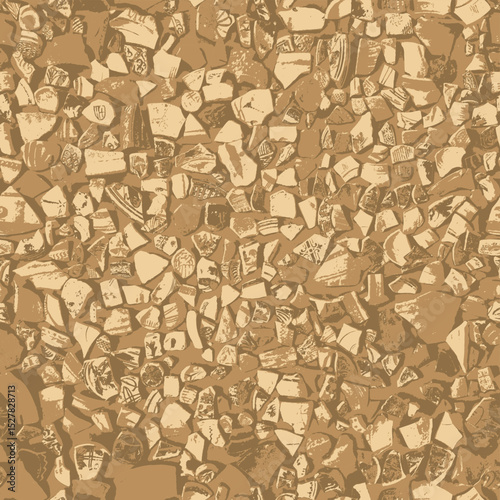 Seamless background or texture with fragments of ancient clay and porcelain plates, cups, amphoras with national folk ornaments. Fabric, wrapping paper, wallpaper, ceramic tiles. No AI used