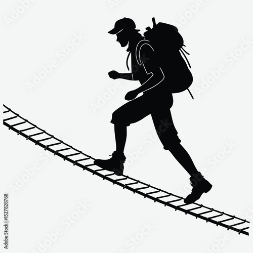 Person crossing a suspension bridge image  silhouette design vector art and illustration