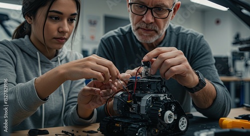 Young woman and older man working together assembling a robot model indoors