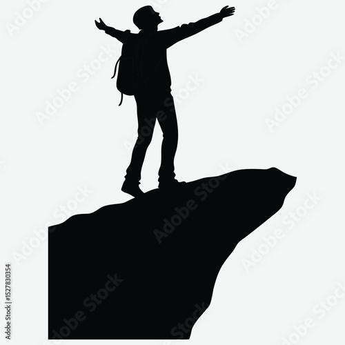 A person standing with open arms on a cliff edge silhouette design vector art and illustration