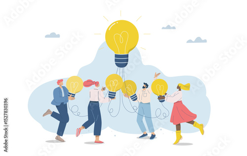 Lightbulb brainstorming, Team sharing of new ideas to create an organization, Flat design vector illustration.