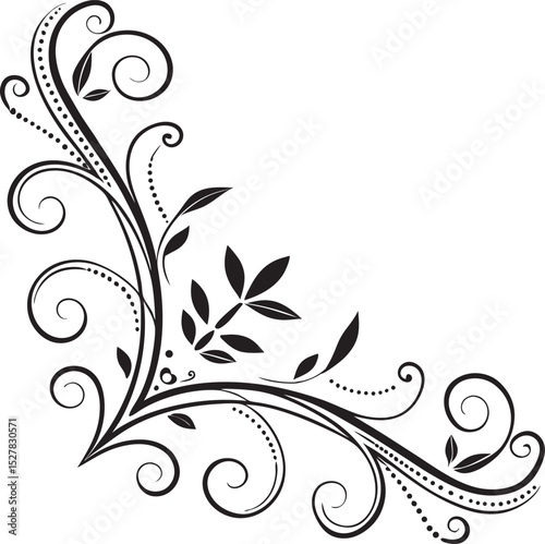 A graceful black and white floral design featuring elegant swirls and dotted accents creates a beautifully ornate decorative corner border element.