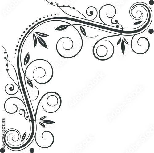A graceful black and white floral design featuring elegant swirls and dotted accents creates a beautifully ornate decorative corner border element.