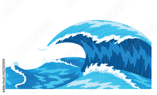 Ocean waves, splash water, marine sea storm element. Blue sea or ocean wave with spray, foam on crest. Vector illustration