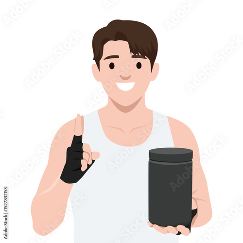 Smiling man in a white tank top and fingerless gloves, holding supplement jar and pointing upwards. Flat vector illustration isolated on white background