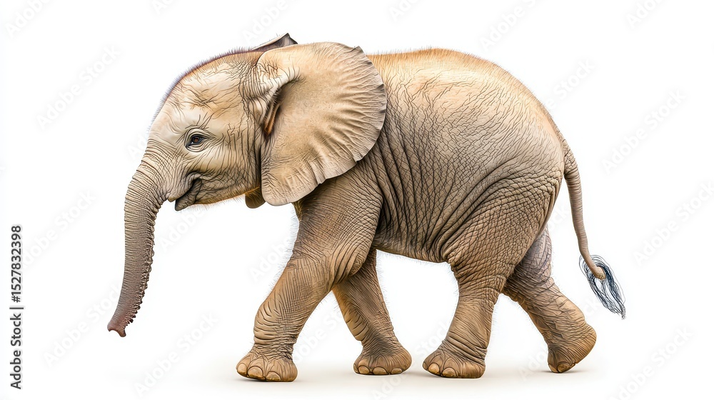 Fototapeta premium A charming young Asian elephant calf walks gracefully on a pristine white background showcasing its delicate features and adorable gait in a side profile view perfect for various