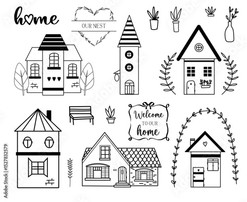 Set of hand drawn line cute houses and cottages, garden elements , sayings and quotes about Home sweet home, Welcome signs vector line art illustrations
