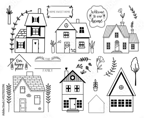 Set of hand drawn line cute houses and cottages, garden elements , sayings and quotes about Home sweet home, Welcome signs vector line art illustrations