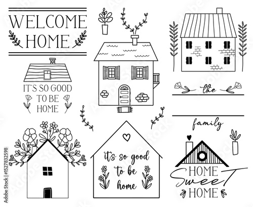 Set of hand drawn line cute houses and cottages, garden elements , sayings and quotes about Home sweet home, Welcome signs vector line art illustrations
