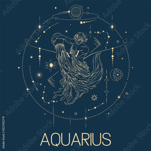 Aquarius zodiac sign vector line drawn illustration, horoscope character, stars, constellation and celestial elements in line art style