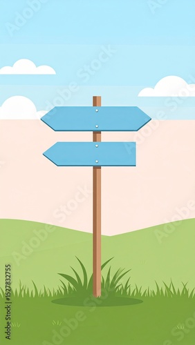 Directional signpost in a grassy field under a clear blue sky with clouds