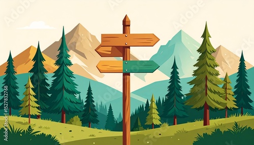 Wooden signpost in a tranquil mountain landscape with lush trees and peaks