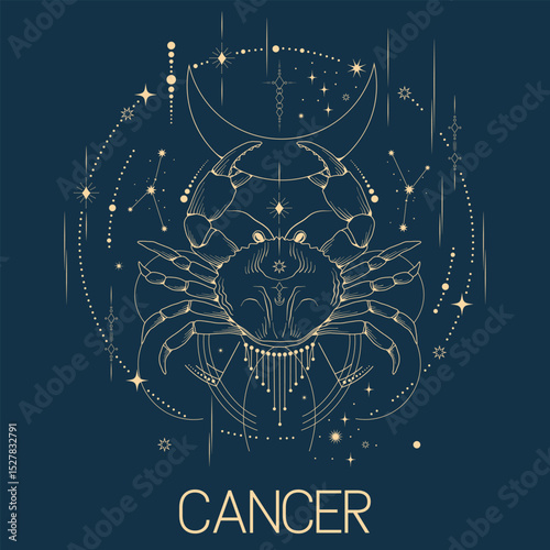 Cancer zodiac sign vector line drawn illustration, horoscope character, stars, constellation and celestial elements in line art style