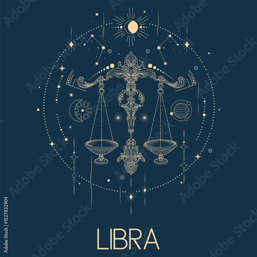 Libra zodiac sign vector line drawn illustration, horoscope character, stars, constellation and celestial elements in line art style