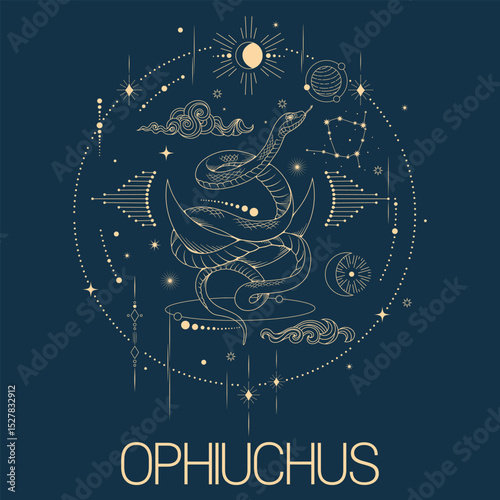Ophiuchus zodiac sign vector line drawn illustration, horoscope character, stars, constellation and celestial elements in line art style